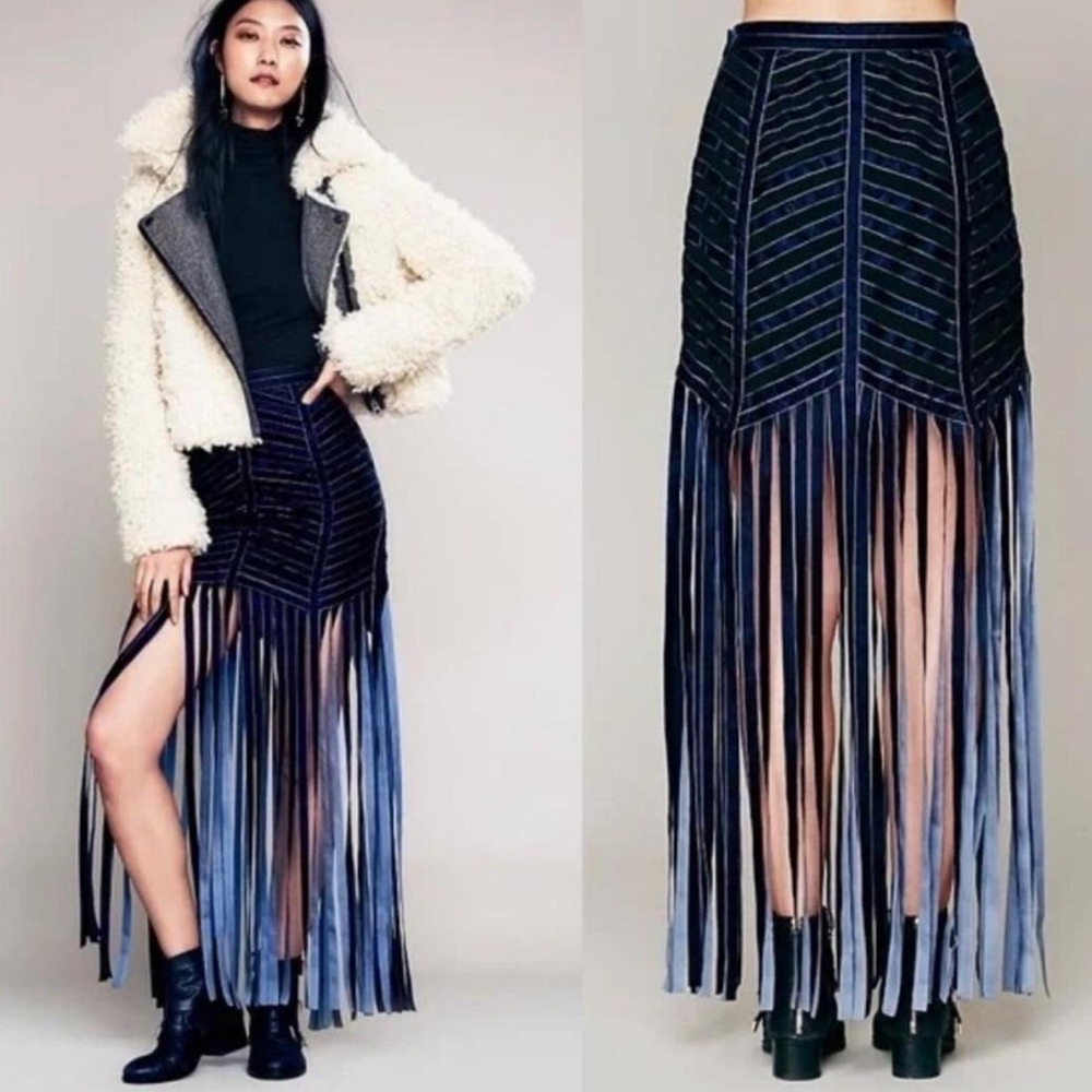 Free People Navy and Black Fringe Maxi Skirt